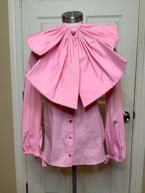 Neubyrne Pink Cotton Poplin Oversized Bow Button-Up Blouse, Size Small